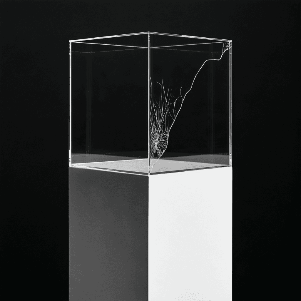 A clear glass cube on a white plinth against a black background, with a fine crack spreading across one face